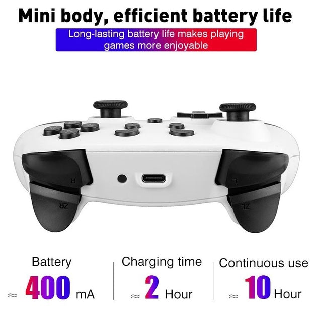 Mini wireless Bluetooth controller with efficient battery life for Nintendo Switch by eprolo, showcasing its compact design and charging details.