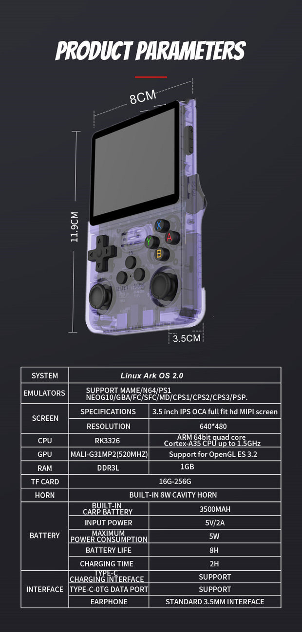 Product specifications of the R36S Portable Handheld Arcade Console by eprolo emphasizing features for open source handheld games.