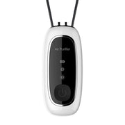 Negative ion air purifier from eprolo, a portable neck hanging design, featuring a sleek black and white look with a battery indicator and power button.