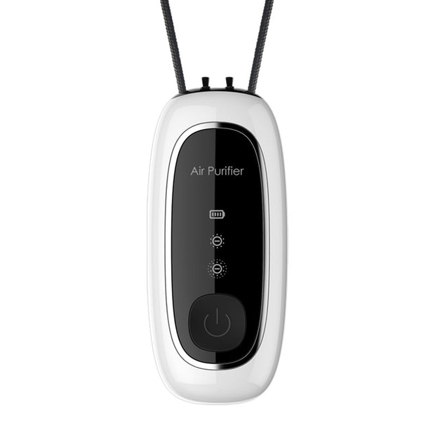 Negative ion air purifier from eprolo, a portable neck hanging design, featuring a sleek black and white look with a battery indicator and power button.