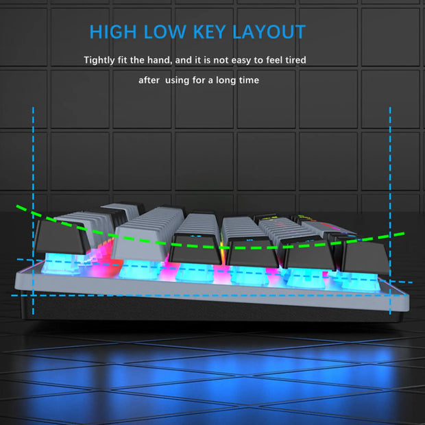 High and low key layout of the 87-Key Ergonomic Gaming Keyboard with Colorful LED Backlight from eprolo, designed for comfort during prolonged usage.