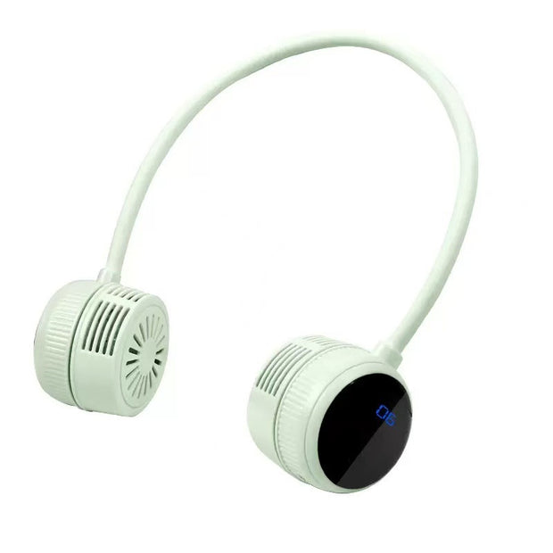Foldable Neck Fan by eprolo in green color with an LCD display, combining innovative design and USB charging for convenience during outdoor sports.
