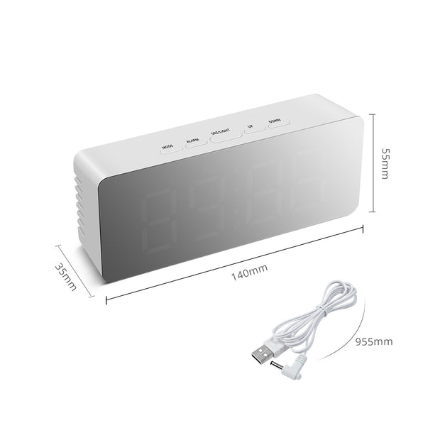 Eprolo multi-function desk clock with detailed dimensions and a USB cable for power connection.