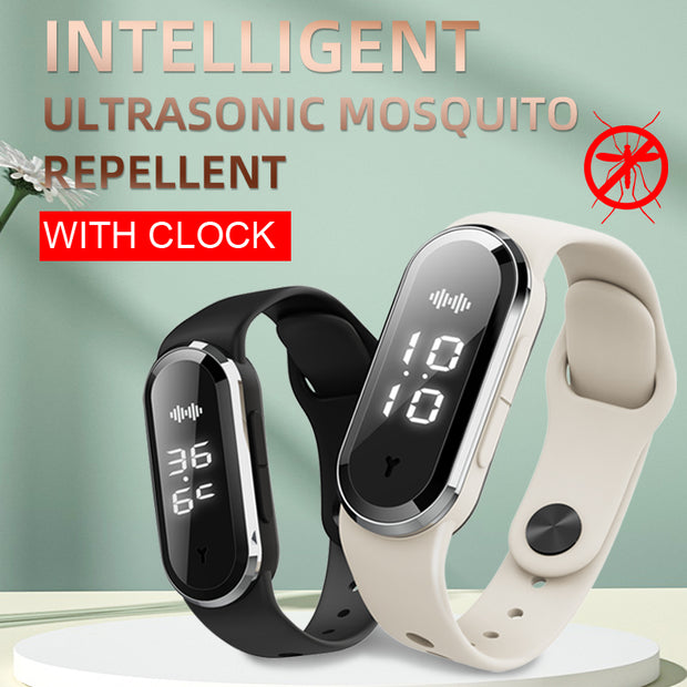 Intelligent Ultrasonic Mosquito Repellent Bracelet by eprolo with clock feature, available in black and light beige for effective mosquito protection.