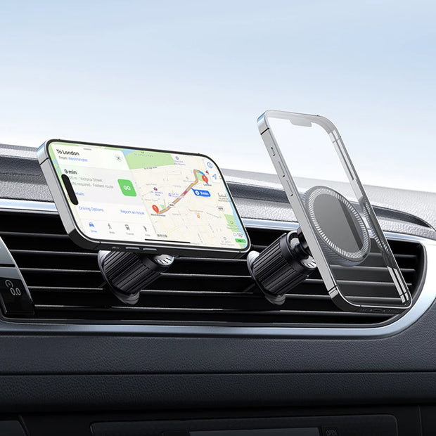 The MagSafe Car Phone Holder by eprolo in action, holding a phone displaying GPS directions, highlighting its usability for drivers.