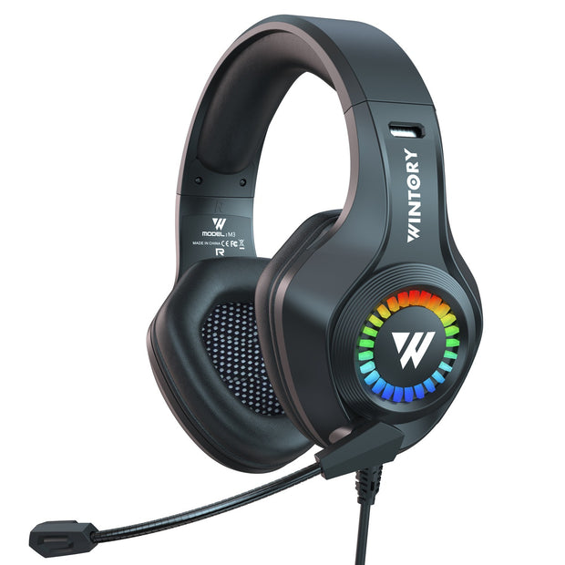 WINTORY Wired eSports Braided Cable Headphones with Luminous Effects for Mobile and PC Gaming, featuring comfortable earmuffs and a colorful LED design.