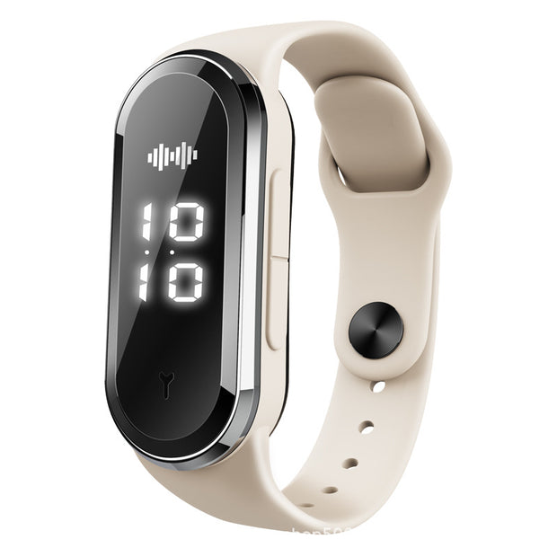 Close-up of the white Ultrasonic Mosquito Repellent Bracelet by eprolo, featuring a modern design and illuminated screen.