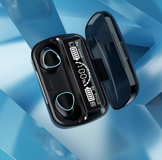 M10 Bluetooth earphones by eprolo in sleek charging case against a blue background, showcasing user-friendly battery display.