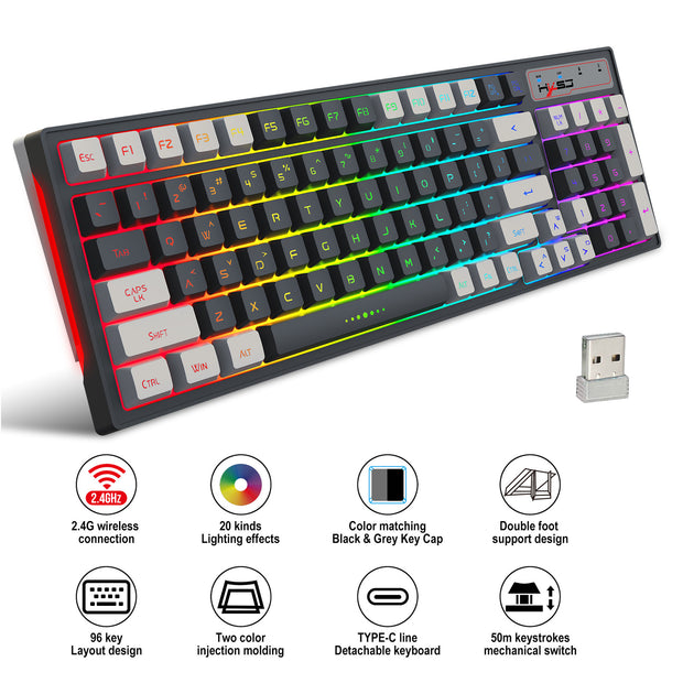 מקלדת גיימינג עם תאורת RGB ועיצוב מקשים בצבע אפור ולבן. מקלדת נצמדת גמישה עם חיבור אלחוטי 2.4G של eprolo.
