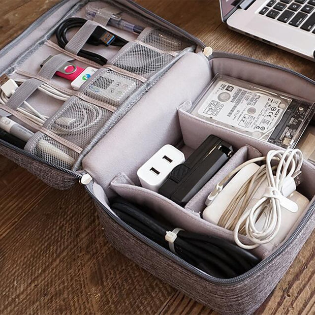 Interior view of the Travel Storage Bag Kit by eprolo, showing organized slots for cables and devices.