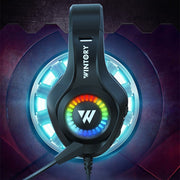 Wired eSports Braided Cable Headphones with Luminous Effects for Mobile and PC Gaming by eprolo captured with futuristic styling and vibrant lights in a gaming environment.