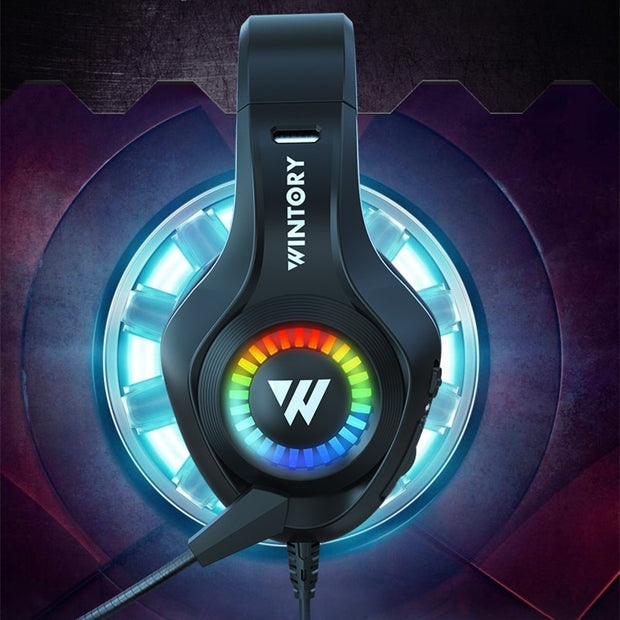 Wired eSports Braided Cable Headphones with Luminous Effects for Mobile and PC Gaming by eprolo captured with futuristic styling and vibrant lights in a gaming environment.