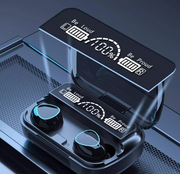 M10 Bluetooth earphones from eprolo displayed in case with digital battery indicators, highlighting modern design for audio lovers.