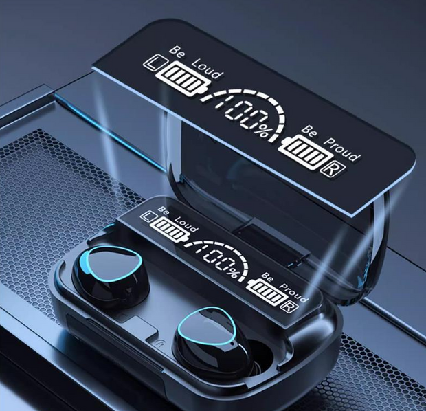 M10 Bluetooth earphones from eprolo displayed in case with digital battery indicators, highlighting modern design for audio lovers.
