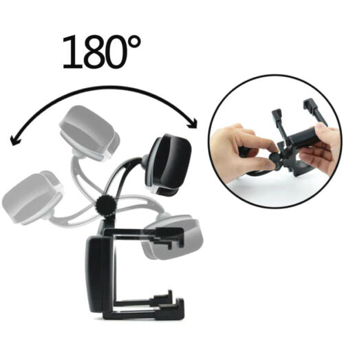 Close-up of Universal 360° Car Rearview Mirror Mount Stand, demonstrating compatibility with various mobile devices and soft padding for protection.